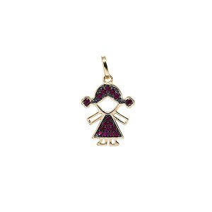 Pingente Menina Ouro 18k Zircônia Vermelha