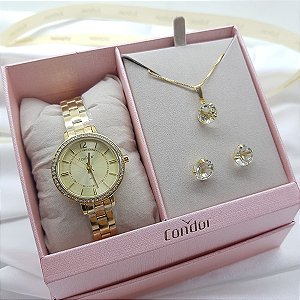 Kit Relógio Condor Feminino Dourado Co2035oak/k4x