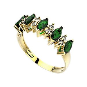 Anel Navete Ouro 18k Esmeralda e Diamante