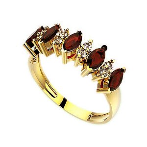 Anel Navete Ouro 18k Rubi e Diamante