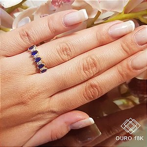 Anel Navete Ouro 18k Safira e Diamante