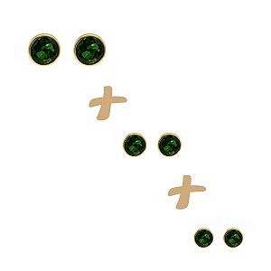 Kit 3 Pares Brinco Ponto de Luz Zircônia Verde Ouro 18k