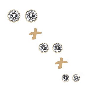 Kit 3 Pares Brinco Ponto de Luz Zircônia Branca Ouro 18k