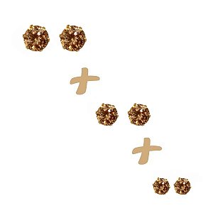 Kit 3 Pares Brinco Ponto de Luz Champanhe Ouro 18k