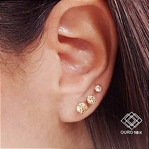 Kit 3 Pares Brinco Ponto de Luz Champanhe Ouro 18k