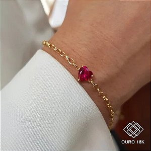 Pulseira Coração Zircônia Vermelha Ouro 18k