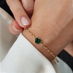 Pulseira Coração Zircônia Verde Ouro 18k
