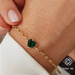 Pulseira Coração Zircônia Verde Ouro 18k
