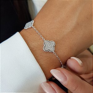 Pulseira Trevo Quatro Folhas em Prata 925 e Zircônias