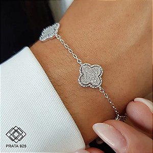 Pulseira Trevo Quatro Folhas em Prata 925 e Zircônias