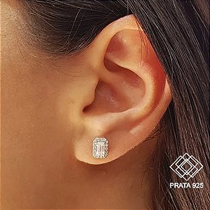 Brinco Retangular em Prata 925 e Moissanite
