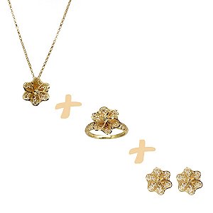 Conjunto 3 peças - Brinco, Gargantilha e Anel Ouro 18k