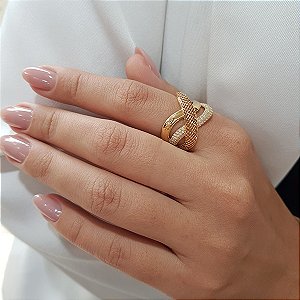Anel Trançado Filigrana em Ouro 18k e Zircônias