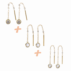 Kit 3 Pares Brinco Fio Ponto de Luz em Ouro 18k