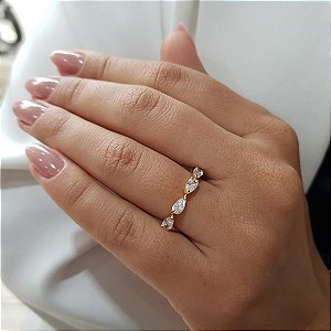 Anel Aparador Gotas em Ouro 18k Zircônia