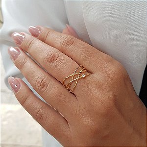 Anel Trançado em Ouro 18k e Zircônia