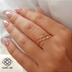 Anel Trançado em Ouro 18k e Zircônia