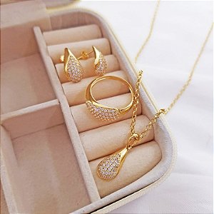 Conjunto 3 peças - Brinco, Gargantilha e Anel Ouro 18k