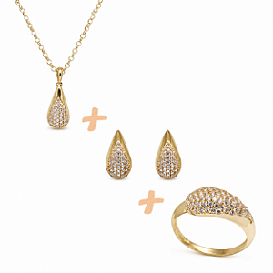 Conjunto 3 peças - Brinco, Gargantilha e Anel Ouro 18k