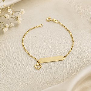 Pulseira Infantil Plaquinha com Coração em Ouro 10k