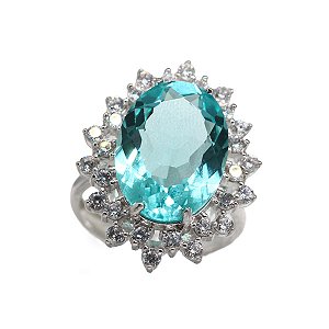 Anel Prata 925 Pedra Azul Oval com Zircônias