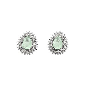Brinco Gota Prata 925 Pedra Verde com Zircônias