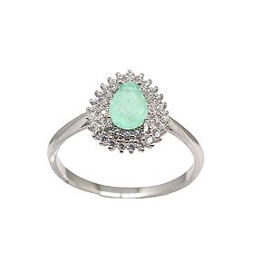 Anel Gota Pedra Verde Prata 925 com Zircônias