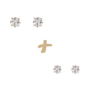 Kit 2 Pares Brinco Ponto de Luz Quadrado Ouro 18k com Zircônia