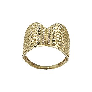 Anel Vazado Largo Ouro 18k Diamantado com Zircônias