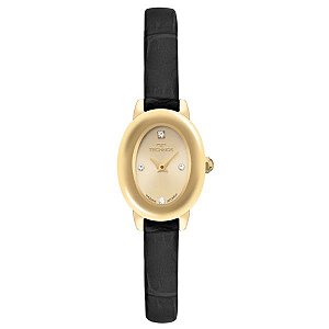 Relógio Technos Feminino Mini Joia Dourado Couro Preto 5Y20MI/0X