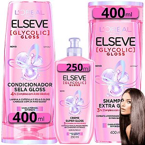 Kit Shampoo + Condicionador 400ml + Creme Para Pentear 250ml Elseve Glycolic Extra Gloss