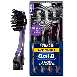 Kit Escova Dental Oral-B Advanced 5 Ações Carvão Pack C/ 4