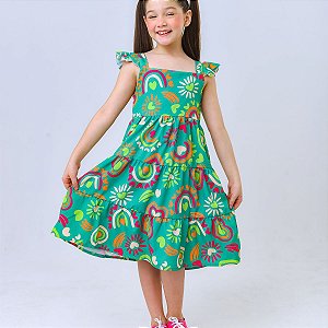 Vestido infantil meninas estampa Coração arco íris cor verde