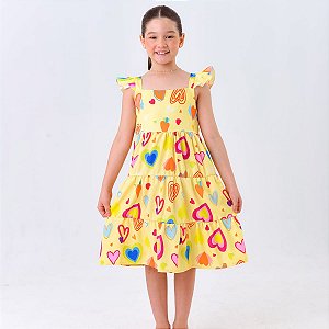 Vestido infantil menina festa casual cor amarelinho coração