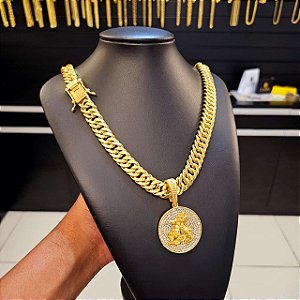 Corrente Grumet 13mm Fecho Gaveta Duplo 750 + Pingente São Jorge Redondo Cravejado - Banhado a Ouro 18k