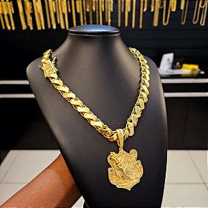 Corrente Friso S 13mm Fecho Gaveta Duplo 750 + Pingente Acredita - Banhado a Ouro 18k