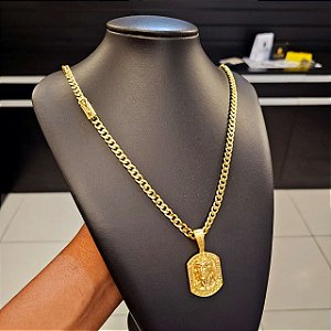 Corrente PITBULL 5mm Fecho Gaveta + Pingente Deus é Bom o Tempo Todo - Banhado a Ouro 18k