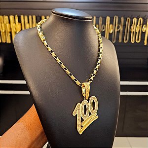 Corrente Tijolinho 6mm Fecho Bomba + Pingente 100 G Cravejado - Banhado a Ouro 18k