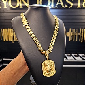 Corrente Friso X 13mm Fecho Gaveta Duplo 750 + Pingente Deus é bom o tempo todo - Banhado a Ouro 18k