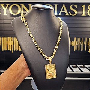 Corrente Balão 10mm Fecho Gaveta Duplo 750 + Pingente Fé Cravejado G - Banhado a Ouro 18k