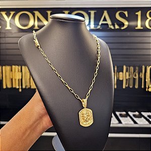 Corrente Meia Cana 4mm Fecho Bomba + Pingente Deus é bom o tempo todo P - Banhado a Ouro 18k