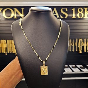 Corrente Tijolinho 3mm Fecho Bomba + Pingente Fé Cravejado P - Banhado a Ouro 18k