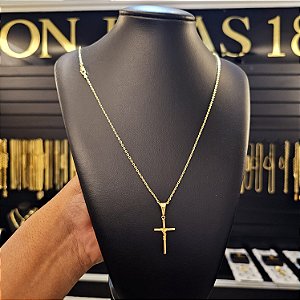 Corrente Cadeado 1mm Fecho Mosquetão + Pingente Cruz Trançada P - Banhado a Ouro 18k