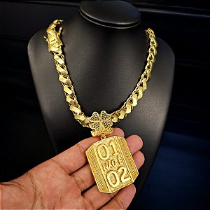 Corrente Friso S 13mm Fecho Gaveta Duplo 750 + Pingente 01 não é 02  - Banhado a Ouro 18k