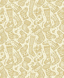 Tecido Tricoline Natal Fundo Bege e Dourado Botas Noel