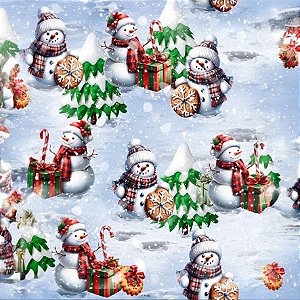 Tecido Tricoline Digital Natal Bonecos de Neve