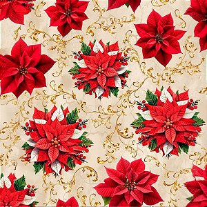 Tecido Tricoline Digital Natal Arabesco Dourado com Floral Vermelho