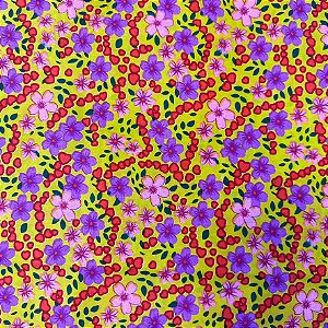 Tecido Chita Estampada Floral Amarelo e Vermelho 1 Metro