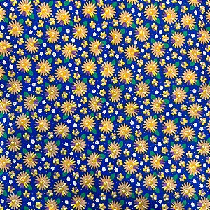 Tecido Chita Estampada Floral Azul e Amarelo 1 Metro