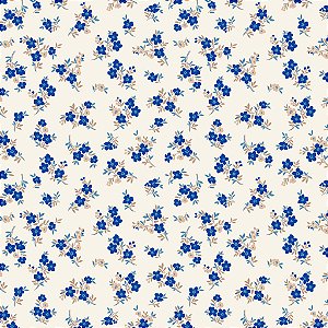 Tecido Tricoline Estampa Floral Azul com Fundo Bege 50cm X 1.50Largura